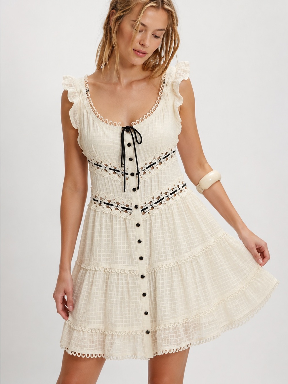 Mirabella White Eyelet Mini Dress with Black Trim and Button Front